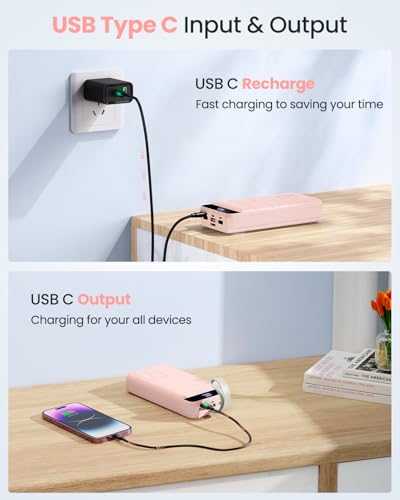 Power Bank, 50000mAh 22.5W with USB-C Fast Charging Portable Charger - color: Pink
