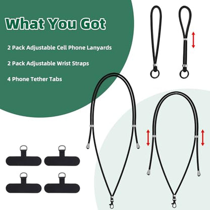 SEVENKA 2 Adjustable Phone Lanyards, Universal Crossbody Neck Straps & 2 Wrist Straps & 4 Phone Tether Tab, Hands-Free, Secure, Stylish Multifunctional Phone Straps for Full Cases - color: Black