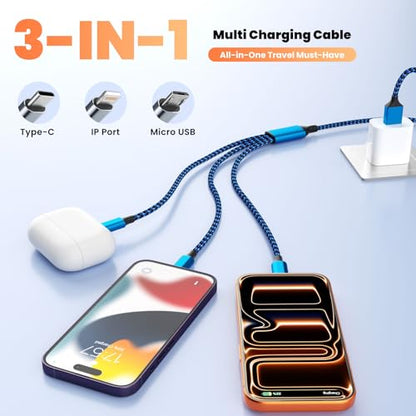 3in1 Multi Charging Cable, USB Cable for 2026 Travel Essentials 2 Pack 4FT - color: Blue