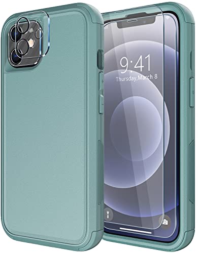 Diverbox for iPhone 12 case [Shockproof] [Dropproof] [Tempered Glass Screen Protector + Camera Lens Protector],Heavy Duty Protection Phone Case Cover for Apple iPhone 12 (Pine Green) - color: Pine Green-3in1