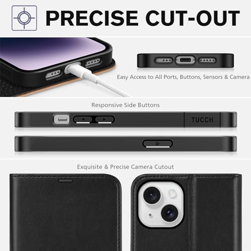 TUCCH Wallet Case for iPhone 14 (6.1") 2022, Flip Stand, Black & Brown | RFID Blocking, 4 Card Holders, Kickstand, PU Leather, Shockproof TPU Shell, Magnetic Closure, Protective Folio Cover - color: Black & Brown
