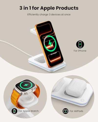 GEEKERA 3 in 1 Wireless Charging Station for Apple, Fast Wireless Charger Stand Dock for iPhone 17 16 15 14 13 12 11 Pro Max Plus XR XS X, Apple Watch Ultra/11/10/9/SE/8/7/6/5/4/3/2, AirPods Pro/4/3/2 - color: White