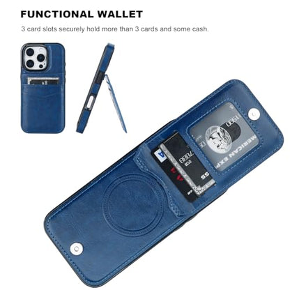 KIHUWEY for iPhone 16 Pro Wallet Case Card Holder for MagSafe, Blue | Wireless Charging, RFID, Flip PU Leather, Magnetic Clasp, Hands-Free Viewing Kickstand, Heavy Duty Protective Cover - color: Magsafe for Blue
