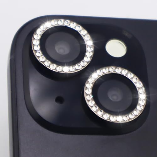 Camera Lens Protector for iPhone 15/15 Plus/14/14 Plus Bling Diamond Metal Ring Rhinestone Tempered Glass Lens Cover Accessories (Black) - color: Black