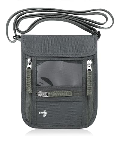 WALNEW Passport Holder Neck Pouch Travel Wallet for Women and Men, RFID Blocking Security Slim Traveling Wallet with Around Neck Lanyard Strap, Gray - color: Gray