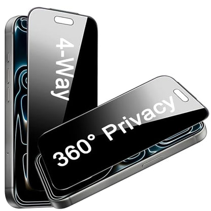 2 Pack 4 Way 360 Degree Privacy Screen Protector for iPhone 17 Pro 6.3", 4 Directions Horizontal and Vertical All Around Anti Spy Tempered Glass Film, Face ID Sensitive - size: for iPhone 17 Pro 6.3"