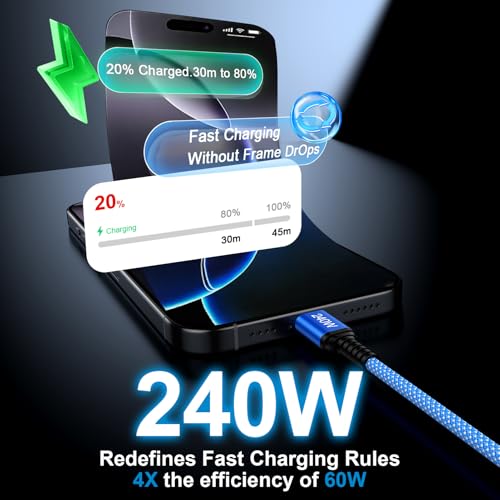 10FT 240W USB C to USB C Cable for iPhone 17e/17 Pro Max/17 Pro/17/16 Pro - color: Blue