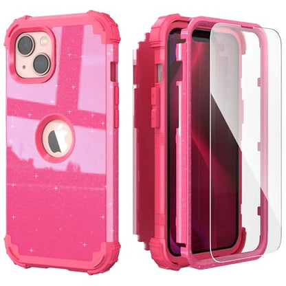 IDweel for iPhone 15 Case with Screen Protector,Luxury 3 in 1 Shockproof Slim Fit Hybrid Heavy Duty Protection Glitter Hard PC Cover Soft Silicone Bumper Full Body Case,Glitter Rose Red - color: Glitter Rose Red