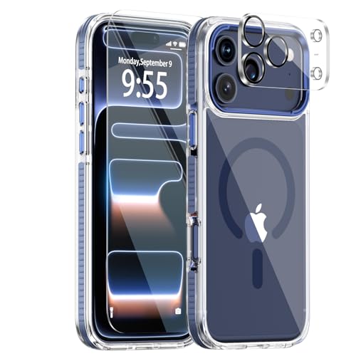 for iPhone 17 Pro Max Clear Case,Compatible with MagSafe,Anti-Yellowing Transparent Phone Case with Blue Anti-Slip Bumper,Shockproof Protection,Screen & Lens Protector Cover - color: A5-Clear Blue Anti-slip, size: iPhone 17 pro Max (6.9")