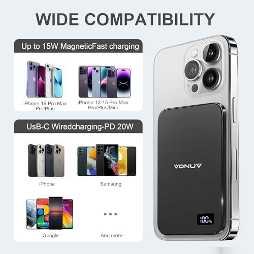 Magnetic Portable Charger 5000mAh, 15W Ultra Slim Wireless Portable Charger, Fast Charging for iPhone 17/16/15/14/13/12 Pro/Pro Max/Plus, Metal Shell, USB-C Cable to Charge Other Phones (Grey) - color: Grey