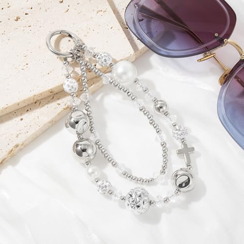 WOZEAH Phone Charm for Women, Beaded Wrist Strap Lanyard with Tether Tab – Anti-Theft Hands-Free Detachable Phone Chain Wristlet - color: Cross Double Chain