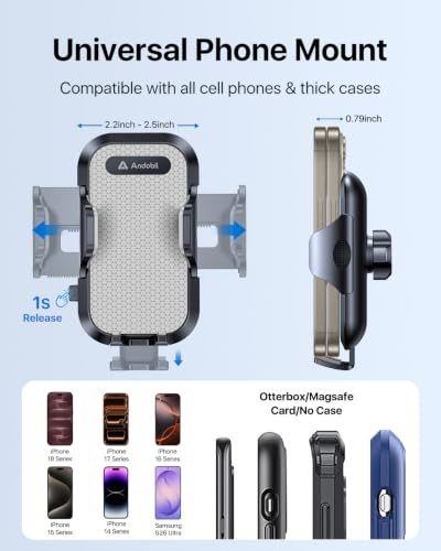 andobil Car Phone Holder, 2026 Military-Grade 89lbs Strongest Suction Phone Holders for Your Car Dashboard/Windshield/Vent Easy Clamp Cellphone Holder Truck Stand for iPhone 17 16 15 Pro Samsung Grey - color: Grey
