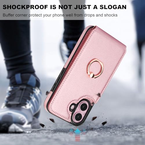 Folosu Compatible with iPhone 16 Case Wallet with Card Holder, 360°Rotation Finger Ring Holder Kickstand, RFID Blocking Leather Protective Double Buttons Shockproof Cover 6.1 Inch Rose Gold - color: Rose Gold