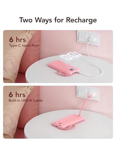 VRURC Portable Phone Charger, Built-in 4 Cables USB C Power Bank 10000mAh - color: Barbie Pink