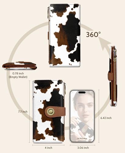 GIANCOMICS Cow Print Womens Wallet RFID Blocking, Credit Card Holder Bifold | Billfold, Cute Cash Purse, Travel Zipper Coin Pocket, Compact Clutch, PU Leather, ID Window, 11 Card Slots, Ladies Gift Woman - color: Cow Print