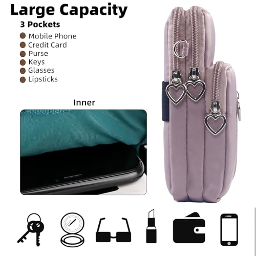 Small Crossbody Bag for Women, Multi Zip Pockets Nylon Wallet Purse Credit Card Holder with Detachable Hand Strap - color: Lightpurple