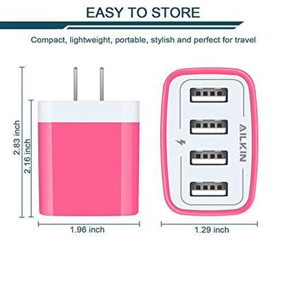 USB Charger Cube, Wall Charger Plug, AILKIN 4.8A 4-Muti Port USB Adapter - color: Pink
