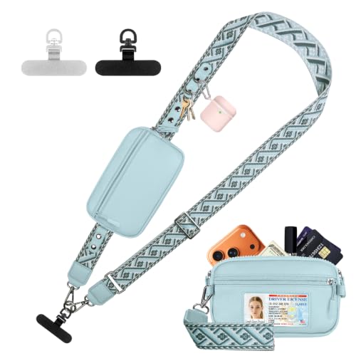 YFWE Clip and Go Phone Strap with Crossbody Wallet, Adjustable Phone Lanyard with Detachable RFID Wristlet Wallet, Anti-Theft Leather Purse with ID Window for Travel Essentials (Light Blue) - color: Light Blue