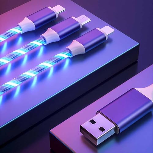 3-in-1 Multi Charging Cable, USB-A to iOS Compatible USB-C Micro-USB, 43 Inch Fast Charging Cord with Blue and Purple LED Light, Nylon Braided Cable