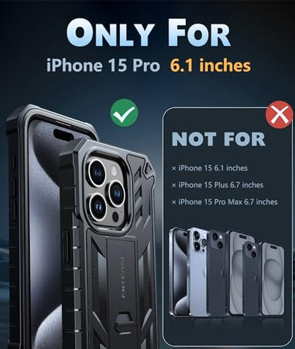 FNTCASE for iPhone 15 Pro Case, Built-in Screen Protector, Kickstand Black | Military-Grade Drop Protection, Anti-Slip Matte Textured, Rugged Heavy Duty Shockproof TPU Protective Cover - color: Black