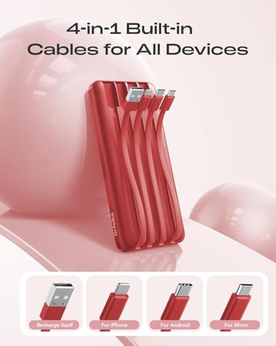 Orfeika 20000mAh Power Bank, Portable Charger with 4 Built-in Cables - color: Red