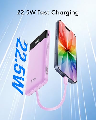 Orfeika Fast Charging Portable Charger Power Bank with Built-in 4 Cables | 10000mAh|Ultra-Slim&Light|Flight-Safe|Power 6 Devices at Once|22.5W|Battery Pack For iPhone,Samsung,Google|Travel Essentials - color: Purple