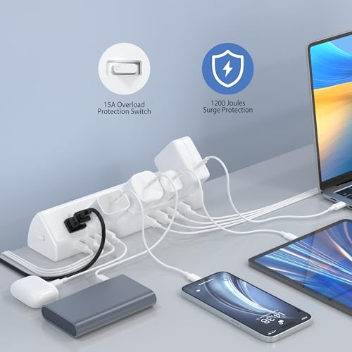 Jgstkcity Desk Clamp Power Strip USB C 45W,1200J Surge Protector - color: White, size: 6 FT