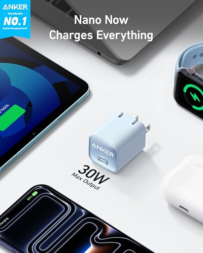 Anker Nano Phone Charger, 30W Portble and Foldable USB C GaN Charger - color: blue