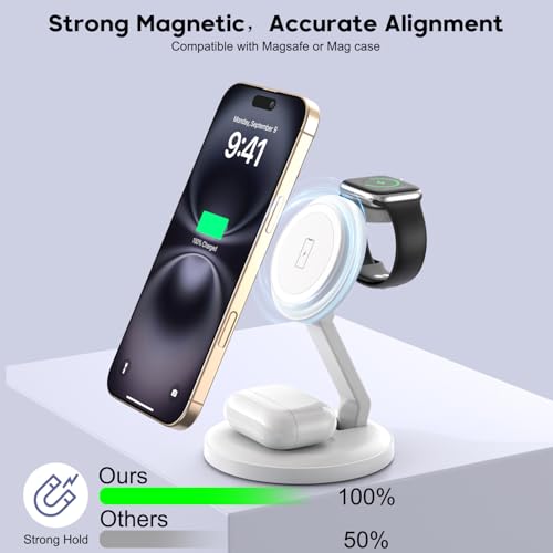 3 in 1 Foldable Magnetic Wireless Charging Station,iPhone Mag-Safe Charger - color: White, size: 2Pack