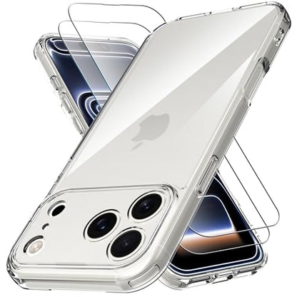 Anoowkoa Designed for iPhone 17 Pro Case 6.3" Anti Yellowing Clear Phone Case with（2 Pack ） Tempered Glass Screen Protector.9H Hardness Military Grade Protection Support Fingerprint Unlocking - color: iPhone 17 Pro