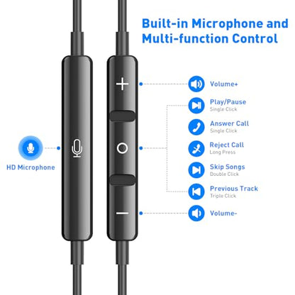 USB C Headphones Magnetic Wired Earbuds with Mic Volume Control 4ft Black - color: Black