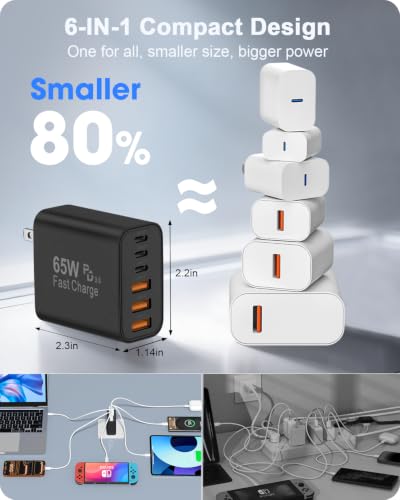 2-Pack 65W USB C Charger Block, 6-Port Fast Wall Charging Block [3 PD USB-C & 3 QC USB-A] for iPhone 17 16 15 Pro Max, iPad Pro, Galaxy S26 S25, Pixel 10 9, iWatch,Google & More - color: Black