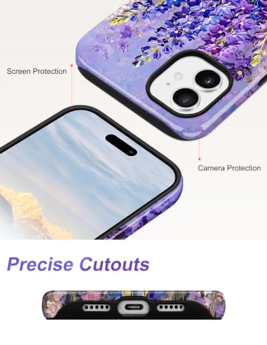 Jusy Magnetic Floral Phone Case for iPhone 14 Pro,Lavender | Compatible with MagSafe, Cute Aesthetic Striped Design, TPU and PC Protective Shockproof Cover - color: Lavender