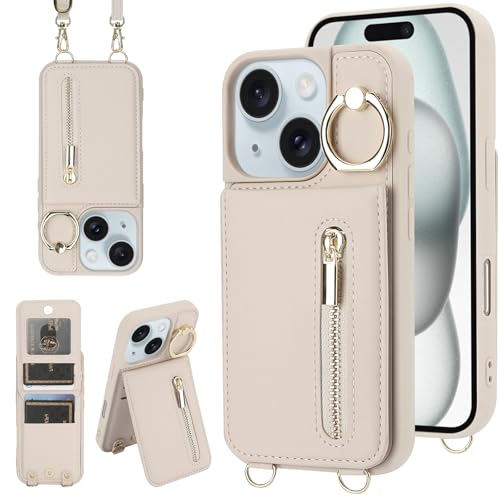 Crossbody Wallet Case for iPhone 11, with Card Slots Zipper Pocket Case, Flip Folio Purse RFID Blocking with Ring Kickstand Detachable Strap-Beige - color: Beige, size: iPhone 11(6.1")
