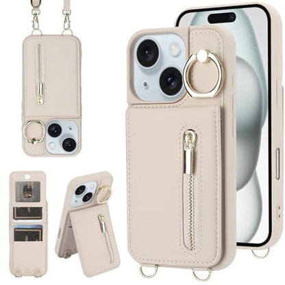 Crossbody Wallet Case for iPhone 11 with Lanyard Strap Card Slot Holder RFID Blocking Ring Kickstand,Magnetic Flip Folio Zipper Purse Case, PU Leather Cover Handbag,Beige - color: Beige, size: iPhone 11(6.1")