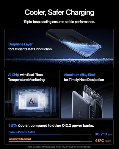 Baseus Picogo AM52 MagSafe Power Bank, Qi2.2 25W 10,000mAh Magnetic Portable Charger, 0.6" Slim 45W USB-C Fast Charging Alloy Wireless Battery Pack, Travel Essential for iPhone 17/16/15/14/13/12 Only - color: Black