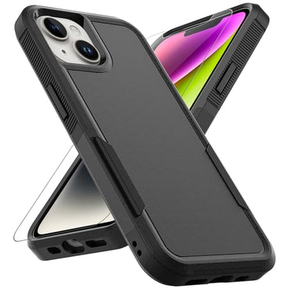 MDCN Heavy Duty Phone Case: Dual Layer Protective, Shockproof, Rugged Bumper Tough with Screen Protector - 16FT Military Grade Drop Tested for iPhone 14 / iPhone 13, Black - color: Black (PC) + Black (TPU)