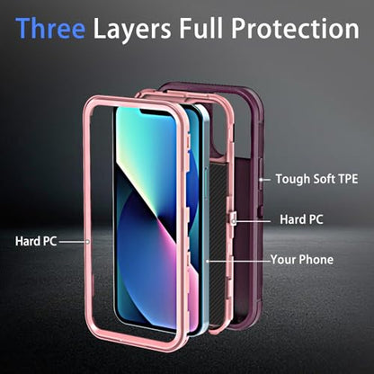YmhxcY for iPhone 13 Case, 2X Glass Screen and Camera Protector, 3 in 1 Heavy Duty Shockproof Drop Protection Stripe Rubber Cover for 13 6.1"-Wine/Pink - color: Wine/Pink