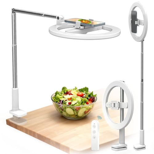Overhead Phone Mount with Ring Light for Phone,LED Ring Light for Desk with Stand and Remote,Phone Holder Tripod for Video Recording,Photography,TikTok,Live Stream,Cooking Vlogging,YouTube
