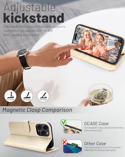 OCASE Compatible with iPhone 16 Pro Max Wallet Case, PU Leather Flip Folio Case with Card Holders RFID Blocking Kickstand [Shockproof TPU Inner Shell] Phone Cover 6.9 Inch 2024, Gold | Magnetic Flip Folio Cover with RFID Blocking, Card Holders, Shockproof