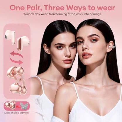 PAXA 3 in 1 Ctbuds Stylish Jewelry-Style Clip on Open Ear Headphones Wireless Earbuds, Instant Earring Mode, Ultra-Long 140H Play, Bluetooth 6.0, All-Day Wear for Work Fitness Daily Use, Rose Gold - color: G-Rose Gold-Butterfly Earring