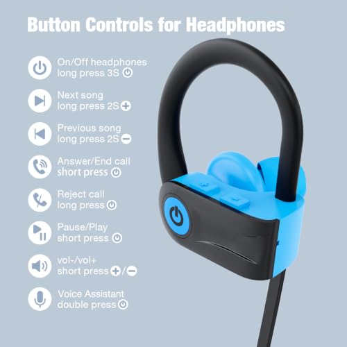 Boean Bluetooth Headphones, Bluetooth 5.3 Wireless Headphones with 16 Hours Playtime, Stereo Bass IPX7 Waterproof Over Ear Earphones AI Music Generation for Workout and Sports Running - color: Blue