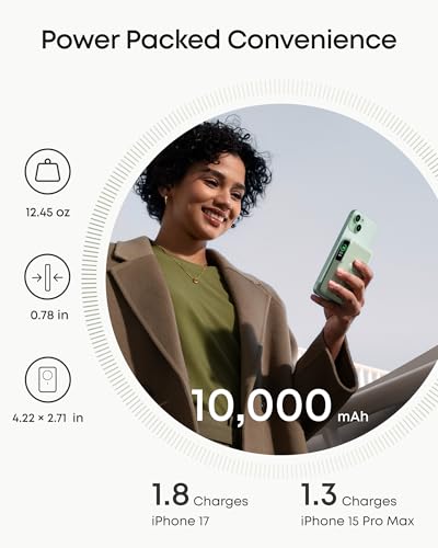 Anker MagGo Power Bank, 10,000mAh Qi2-Certified 15W Max Portable Charger | Fast MagSafe-Compatible Battery Pack, Smart Display, Foldable Stand, for iPhone 16 / 15 / 14 / 13 Only (USB-C Cable Included) - color: Green