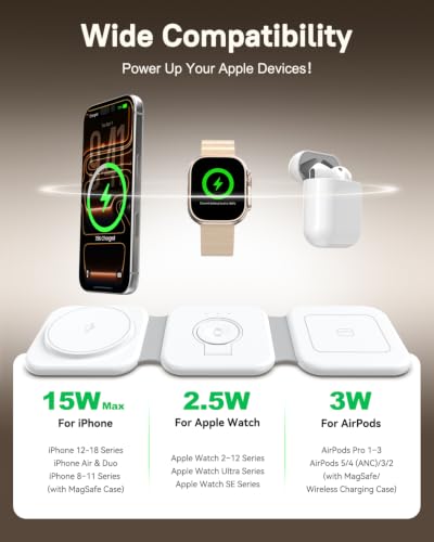 15W Magnetic Travel Charging Station, 3-in-1 Foldable MagSafe Charger - color: Blush Pink