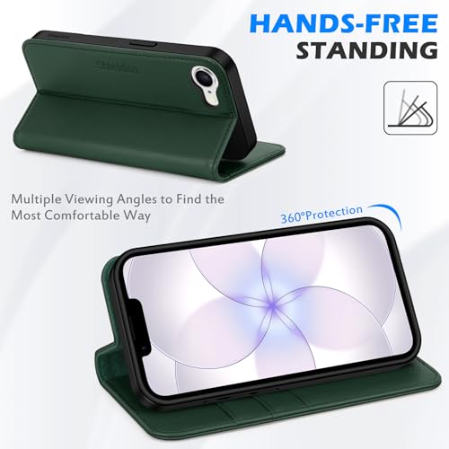 SHIELDON Genuine Leather Flip Wallet Case for iPhone 17e/16e, Evergreen | Magnetic Closure, RFID Blocking, Credit Card Holder, Viewing Stand, Foldable Design, Shockproof Protective Cover - color: Evergreen