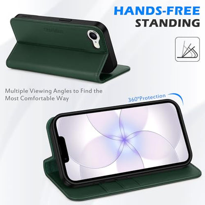 SHIELDON Genuine Leather Flip Wallet Case for iPhone 17e/16e, Evergreen | Magnetic Closure, RFID Blocking, Credit Card Holder, Viewing Stand, Foldable Design, Shockproof Protective Cover - color: Evergreen