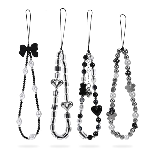 Pink Beaded Phone Wrist Straps, Y2K Phone Case Charms Camera Charm Strap, Lanyard Keychain Wristlet Aesthetic Cellphone Charm - style: 4 Black Chic Heart Bow