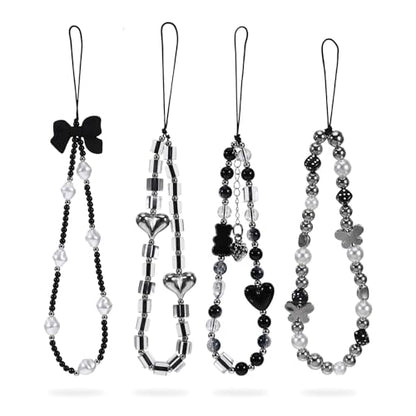 Pink Beaded Phone Wrist Straps, Y2K Phone Case Charms Camera Charm Strap, Lanyard Keychain Wristlet Aesthetic Cellphone Charm - style: 4 Black Chic Heart Bow