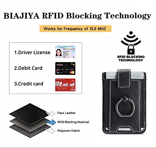 2Pcs RFID Leather Card Holder for Phone, Stick-On Wallet with Ring | Phone Wallet Stick On Back Of Phone Case. Adhesive For iPhone Wallet Holds Credit Cards/ID/Pockets. Viewing Freely Ring Stand - color: Black+Black