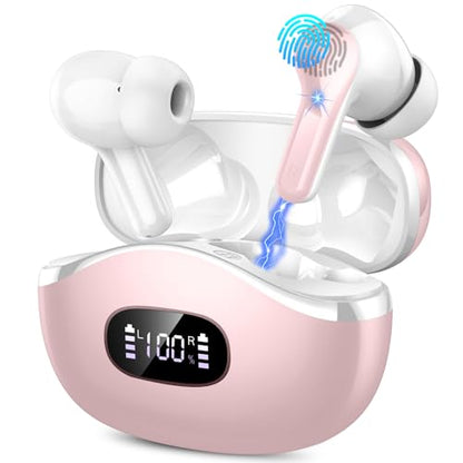 Wireless Earbuds, 2026 Bluetooth 5.4 Headphones Bass Stereo, Ear Buds with 4 Mics ENC Noise Cancelling, Bluetooth Earbuds 48H Playtime LED Display Pink - color: Deep Pink